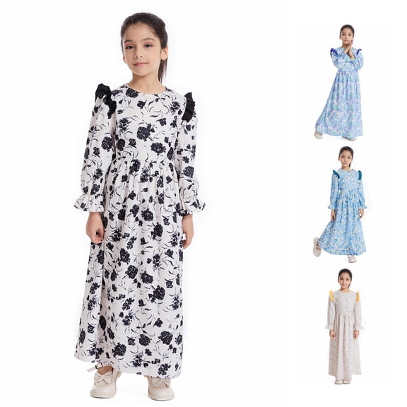 HCYSFG Girls Floral Print Maxi Dresses Party Dresses Crewneck Long Sleeve Full Length Gown Ruffle Detail Formal Dresses