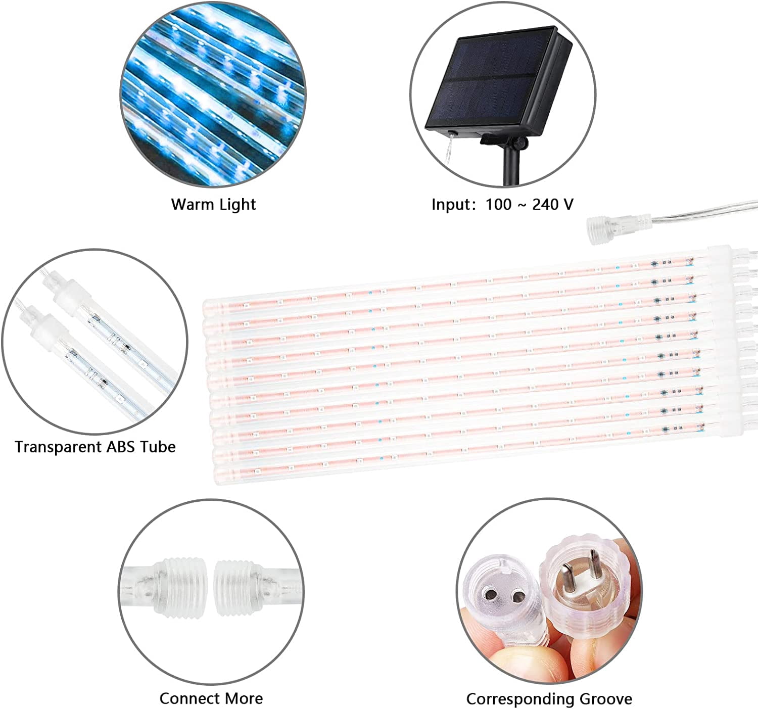 Solar Powered Christmas Meteor Shower Lights, 10 Tube 240 LED Icicle Fairy String Lights, Blue