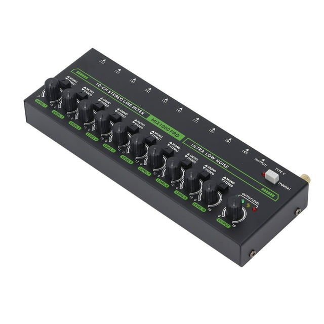 10 Channel Audio Mixer, MIX1000 Mono Stereo Mixer with RGB Lights, 1/4 TRS Inputs and Outputs, Ultra Low Noise, Mini Stereo Line Mixer for Guitars Bass Keyboards