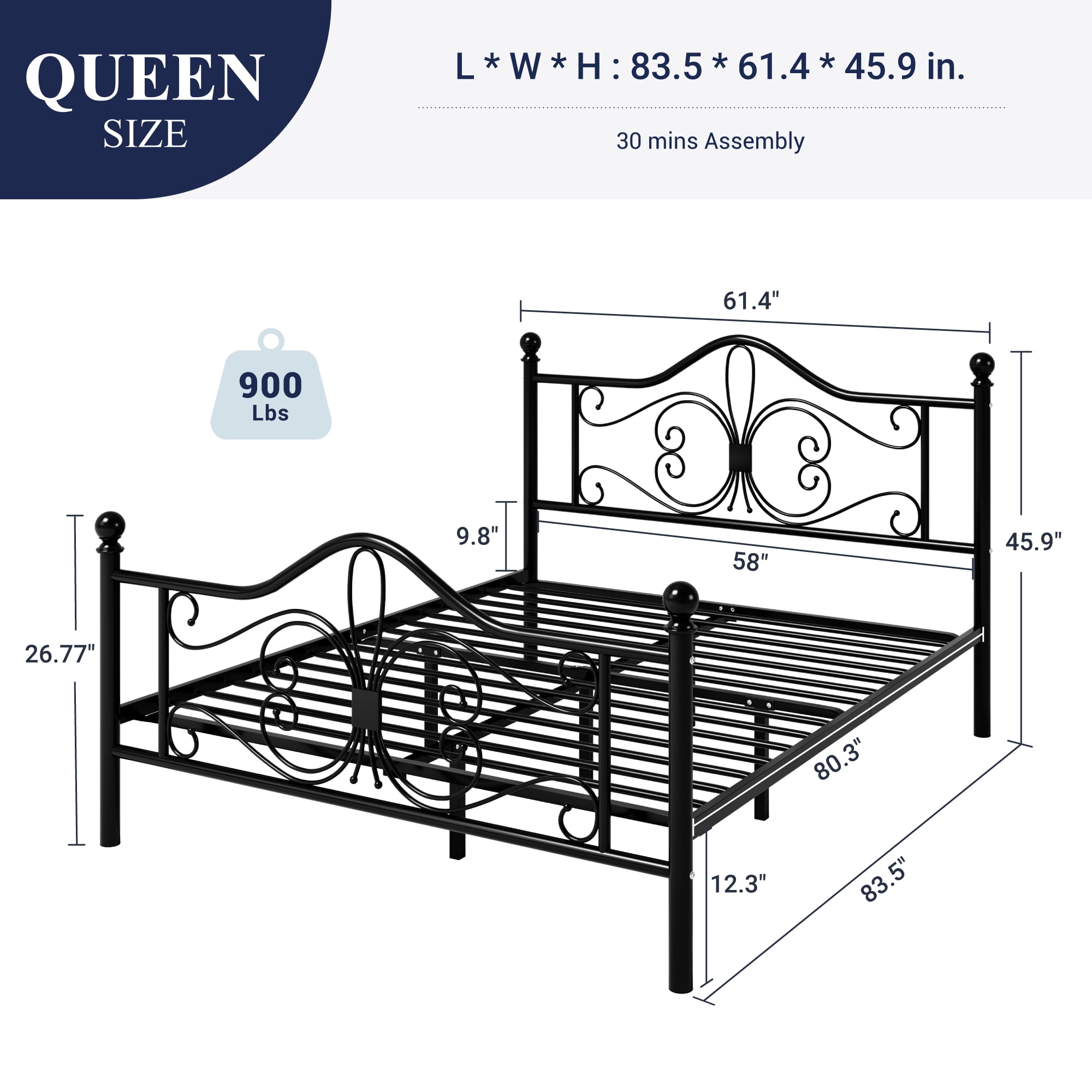 Allewie Queen Size Vintage Metal Bed Frame with Butterfly Pattern Design Headboard & Footboard, Black