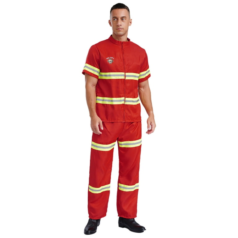 Sxiwei Men Firefighter Fireman Costume Set Reflective Stripes Workwear Adult Fancy Cosplay Outfits Red 190