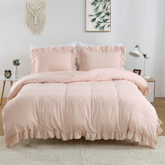 Ruffled Duvet Cover Twin/Queen/King Size, 3 Pieces Soft Washed Microfiber Duvet Cover Set, Shabby Chic Home Bedding Duvet Covers with Button Closure