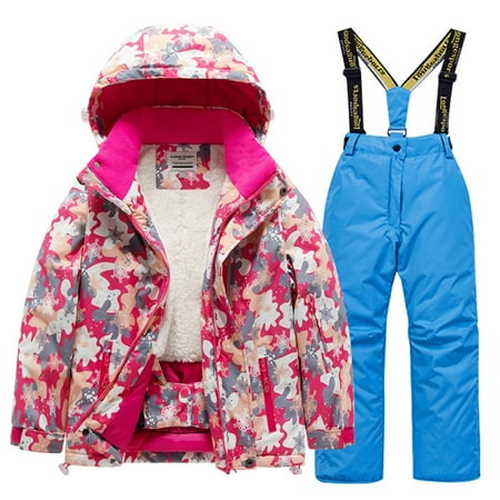 Xfvqtps Ski Jacket and Pant Set Snowsuit Snowboarding Suit Hooded Fleece Lined Coat Adjustable Overalls Colorful Camouflage Waterproof Windproof Winter Ski Suits Blue