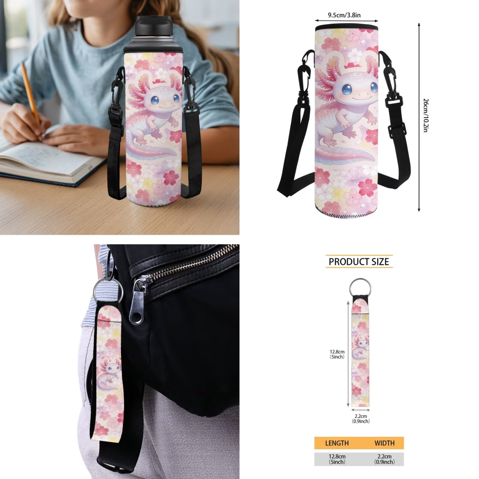Pzuqiu Cherry Axolotl Back Pack for School Girls 5 pcs Kids Backpacks for Girls Lunch Bag with Water Bottle Holder Pencil Bag Cute Travel Rucksack Camping School Bag