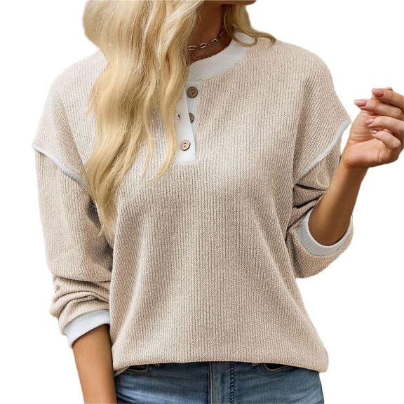 Wevis Autumn Henley Sweater for Women Color Block Button V-Neck Long Sleeve Knit Pullover Contrast Cuff Loose Daily Tops