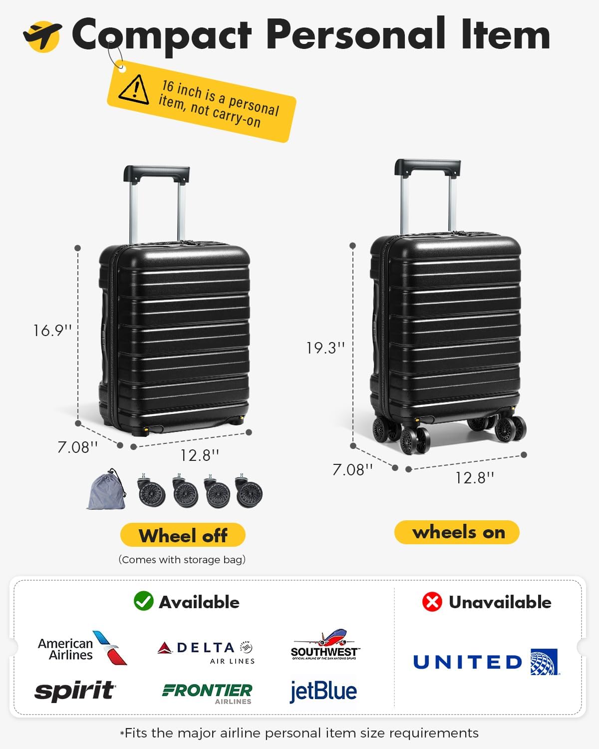 16 Inch Carry On Luggage Airline Approved, Hard Shell Suitcase with TSA Lock, Lightweight Spinner Wheels Durable ABS Compact Carry-On for Travel Weekend Trips Men Women