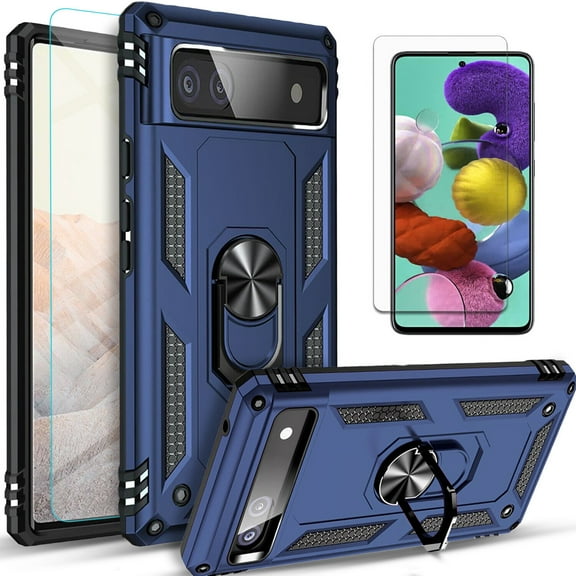Starshop Case for Google Pixel 7, With Tempered Glass Protector, Drop Protection Ring Kickstand Cover Blue