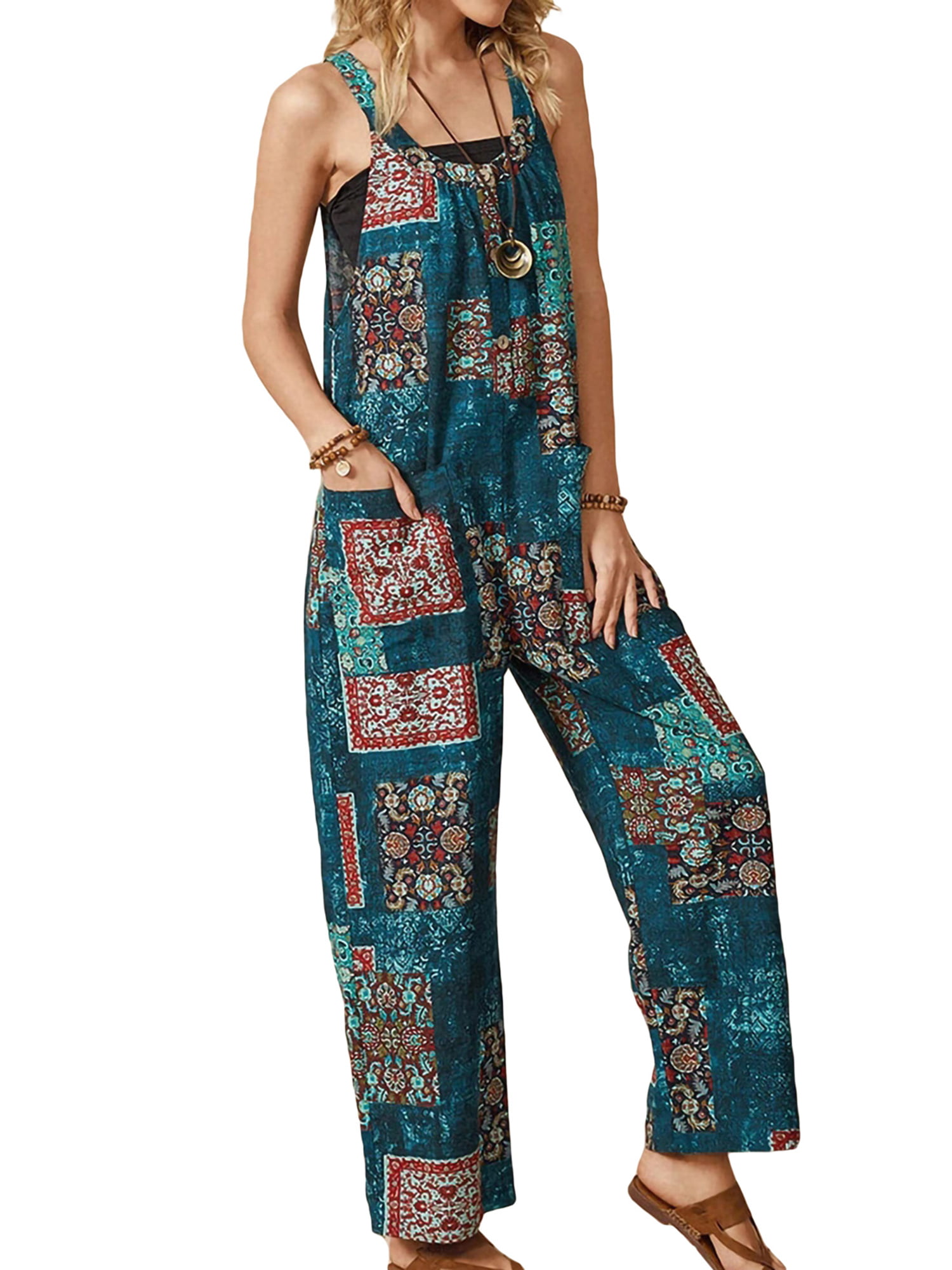 Women Boho Overall Playsuit Suspender Trousers Jumpsuit Sleeveless Baggy Dungarees with Pockets 