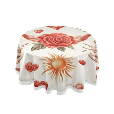 

60 Round Tablecloth with White Lace Trim Wrinkle & Heat-Resistant Table Cover for Dining and Home Decor Watercolor Red Roses