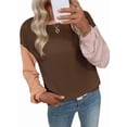 thumbnail image 2 of Blusas de Larga para Mujer, Moda de Otoño, Cuello Redondo, Bloque de Color, Punto Acanalado, Informal, Corte Holgado, Tipo Jersey. Café L, 2 of 7