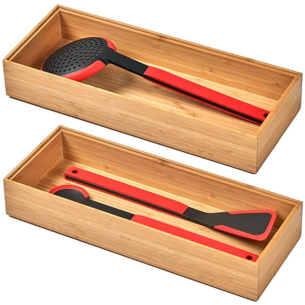 Umilife Cajas Organizadoras de Cajones de Cocina de Bambú con Pies de Silicona Antideslizantes 2 Contenedores de Almacenamiento Apilables para Utensilios de Cocina, Cubiertos, Cajón de Escritorio y So