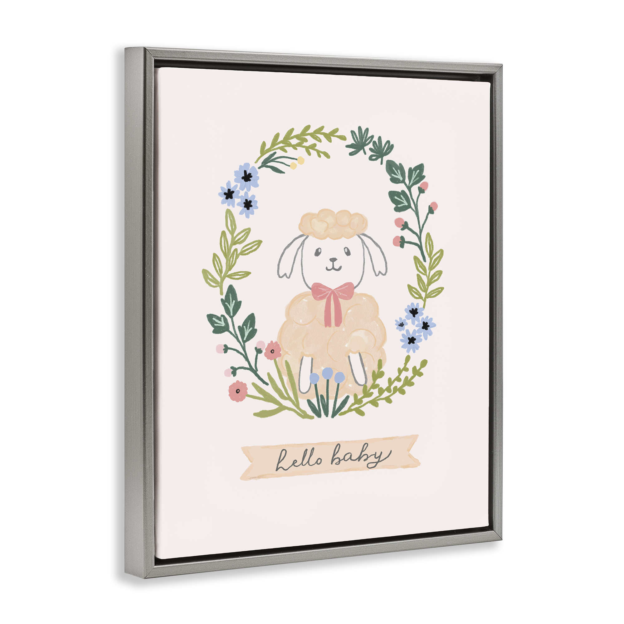 Stupell Industries Hello Baby Floral Lamb Animals Painting Gray Floater Framed Canvas Art Print Wall Art, 17 x 21