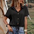 thumbnail image 5 of Women Summer Tops Women's Summer New Solid Color Button Up Cardigan With Tie Up Short Sleeves Womens Tops Casual Fit Stretch T Shirt Women Athletic Shirts Shorts Colorful Undershirts Ladies Black XL, 5 of 5