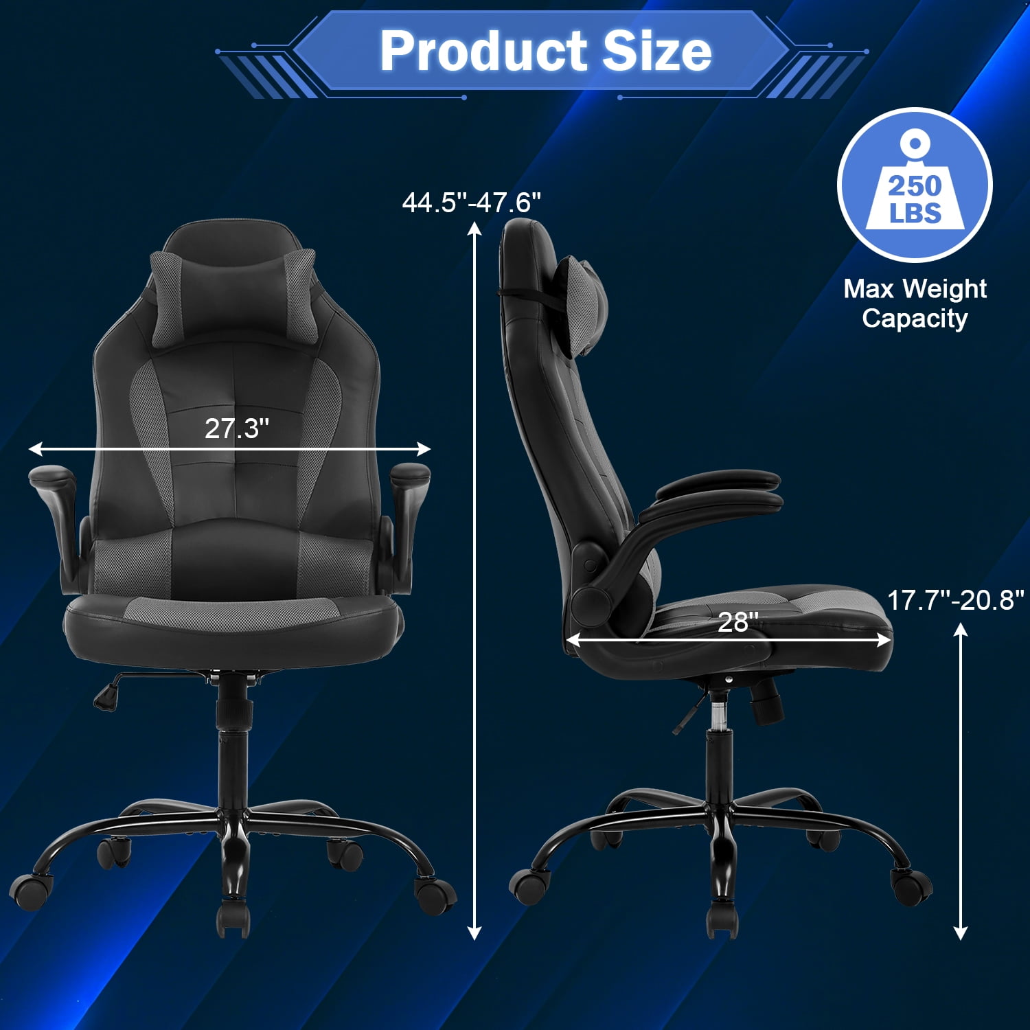 Video Game Chair High Back Gaming Chair PU Leather Racing Chair with Headrest Lumbar Support & Flip-up Arms , Adjustable Gamer Chair for Adults & Kids, Grey