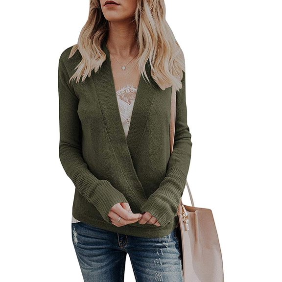 Women Long Sleeve Deep V Neck Knit Sweater Wrap Front Loose Tops Pullover Jumpers for Women