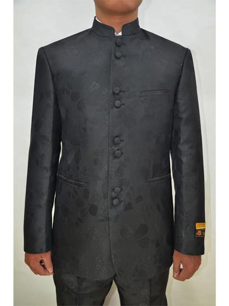 Black pleated Mandarin Banded collarless 5-button trimmed satin Suit main image 0