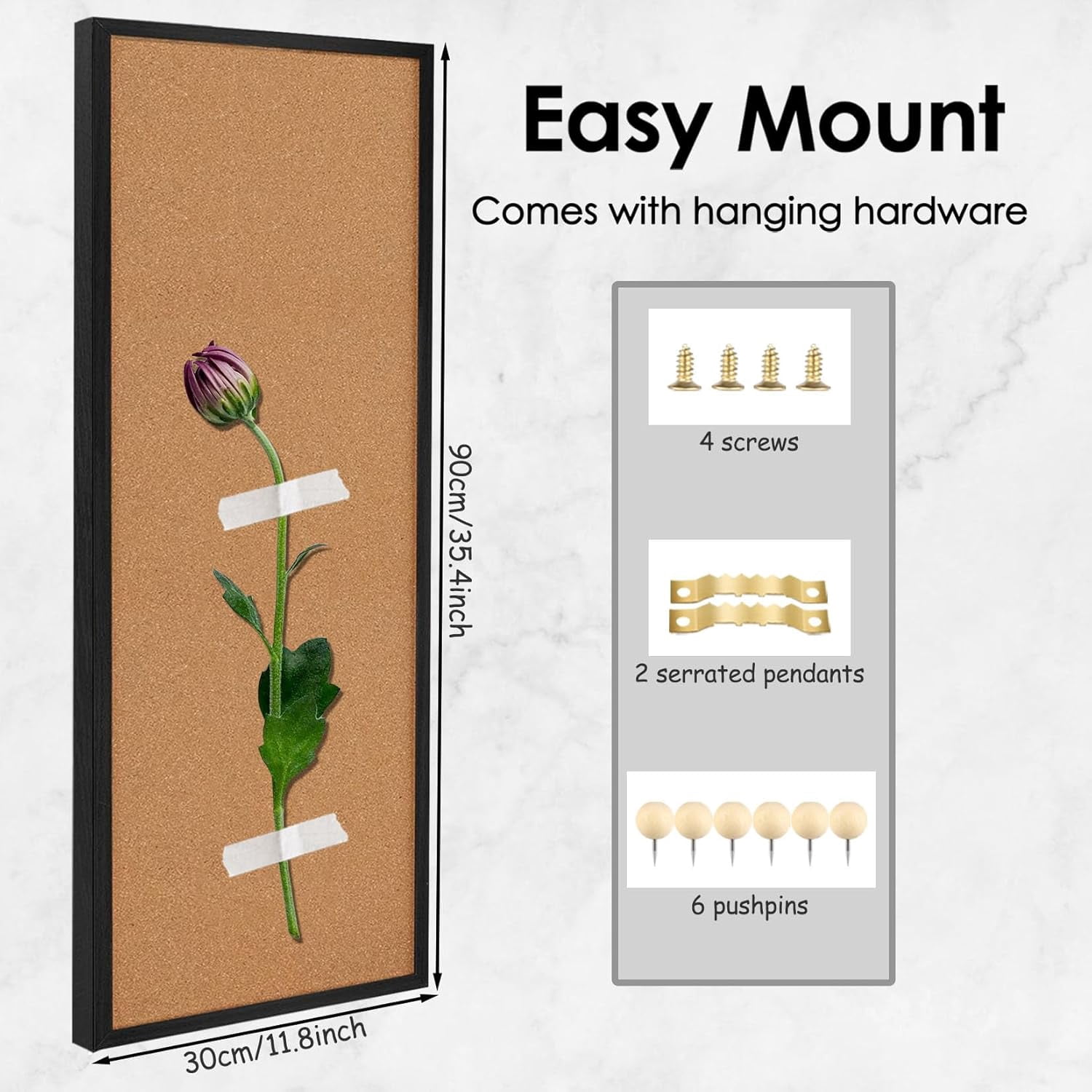 Cork Board Bulletin Board, Corkboard for Walls with Black Frame, Large Wall Mounted Installation Kit,11.8" x 35.4" Pin Tackboard Home,Office, School (RMB-BK-3090)