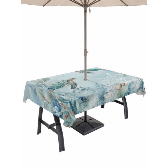 Outdoor Tablecloth with Umbrella Hole for Patio/Picnic/Party/Camping, Coastal Turtle Waterproof Table Cloth Rectangle Table Cover Washable, Nautical Eucalyptus Leaves Coral Seaweed (60"x 84")