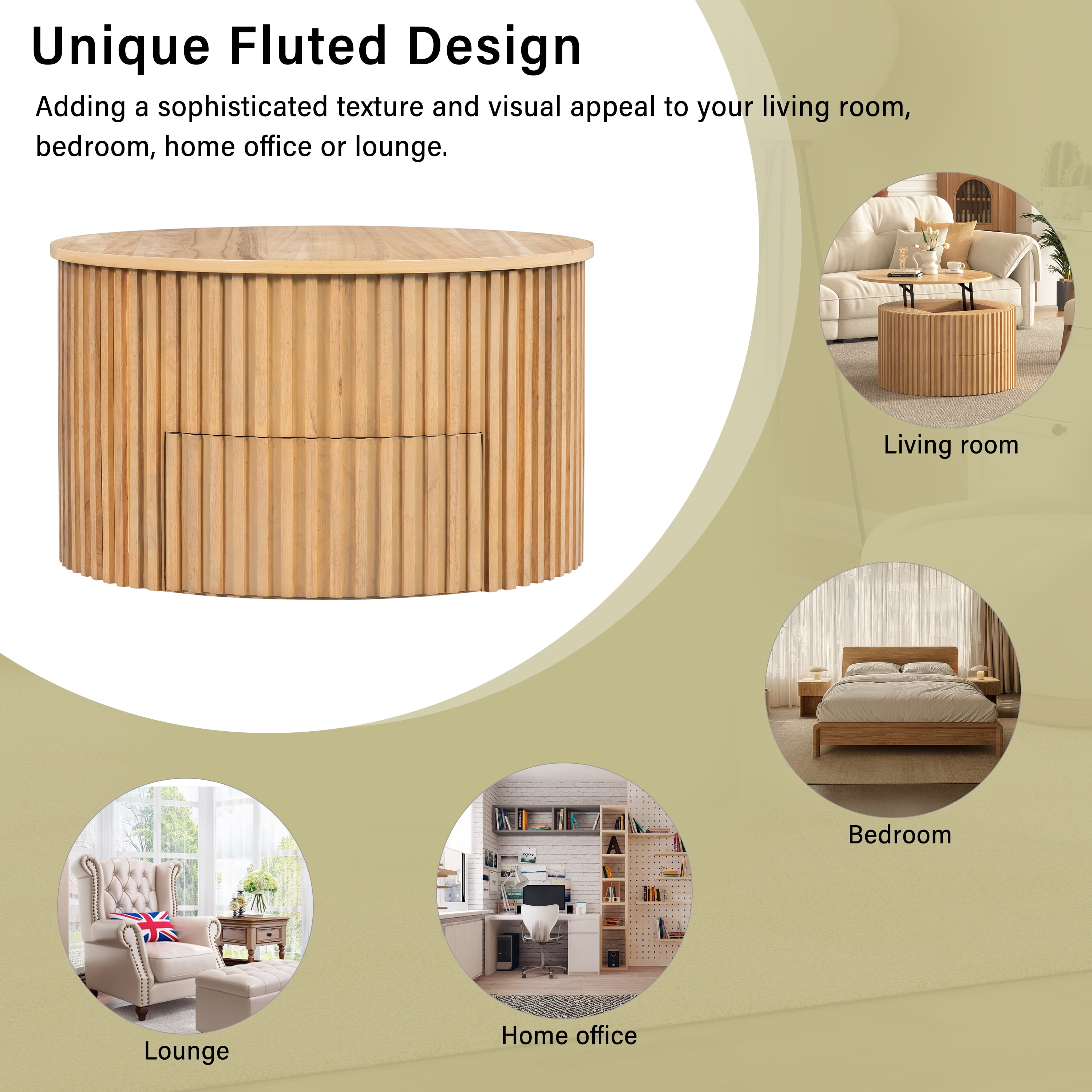 Round Lift Top Coffee Table, Modern Fluted Wood Accent Coffee Table with Hidden Storage for Living Room