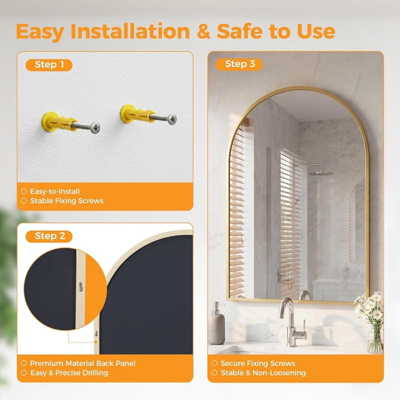 Easy4Home 30"x22"Arched Bathroom Mirror Decor Vanity Mirror Wall Mounted,Gold