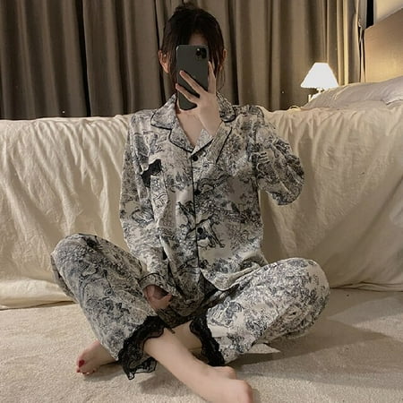 

PIKADINGNIS Silk Pajamas Lace Women Heart Princess Pajamas for Women Spring Autumn Two Piece Set Satin Silk Ladies Pyjamas Night Loungewear