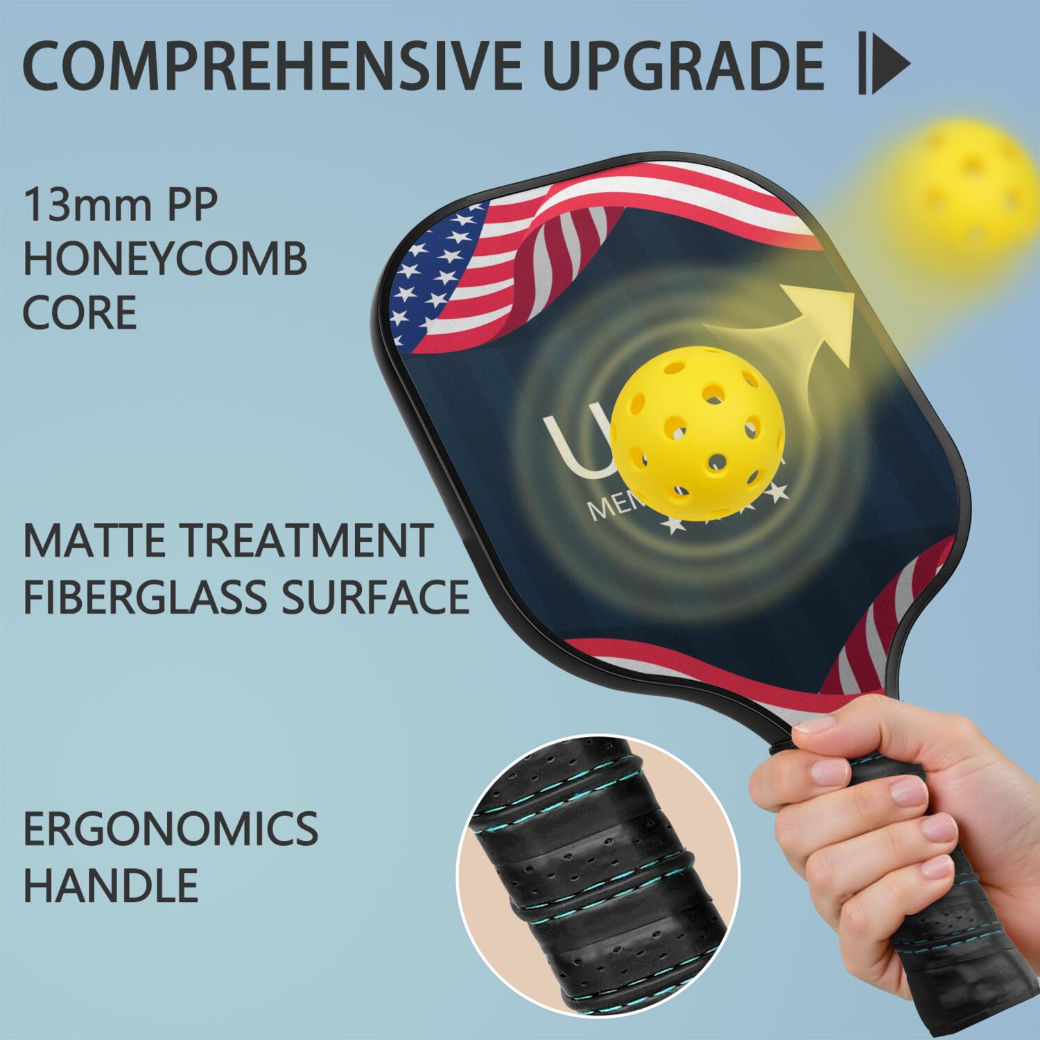Pickleball Paddles Set Of 2, Fiberglass Surface, USA, Independence Day Print, 4 Balls & Bag
