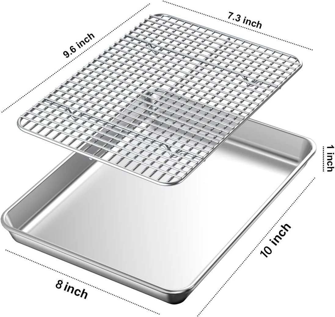 10 Inch Baking Pan with Rack set of 4, Stainless Steel Small Toaster Oven Tray Pans with Cooling Racks, Non-toxic & Heavy Duty, Extra Thick & Rolled Rim, Mirror Finished & Dishwasher Safe