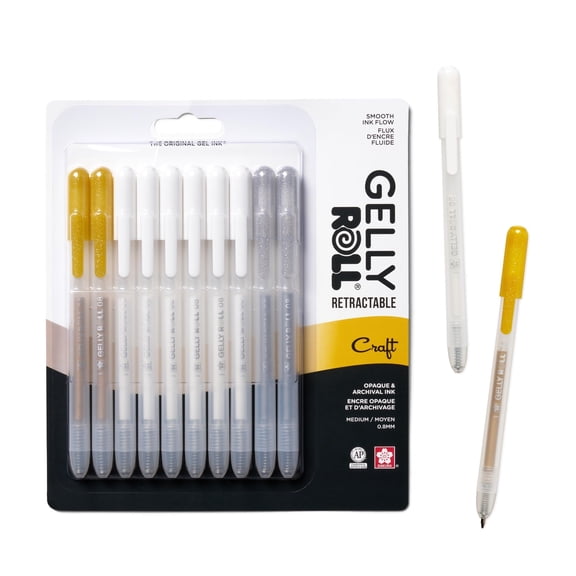 SAKURA Gelly Roll Retractable Gel Pens Colored - Opaque Color Set - Medium Point Ink Pen for Journaling, Art, Calligraphy, or Drawing - White, Gold & Silver Ink - 10 Pack