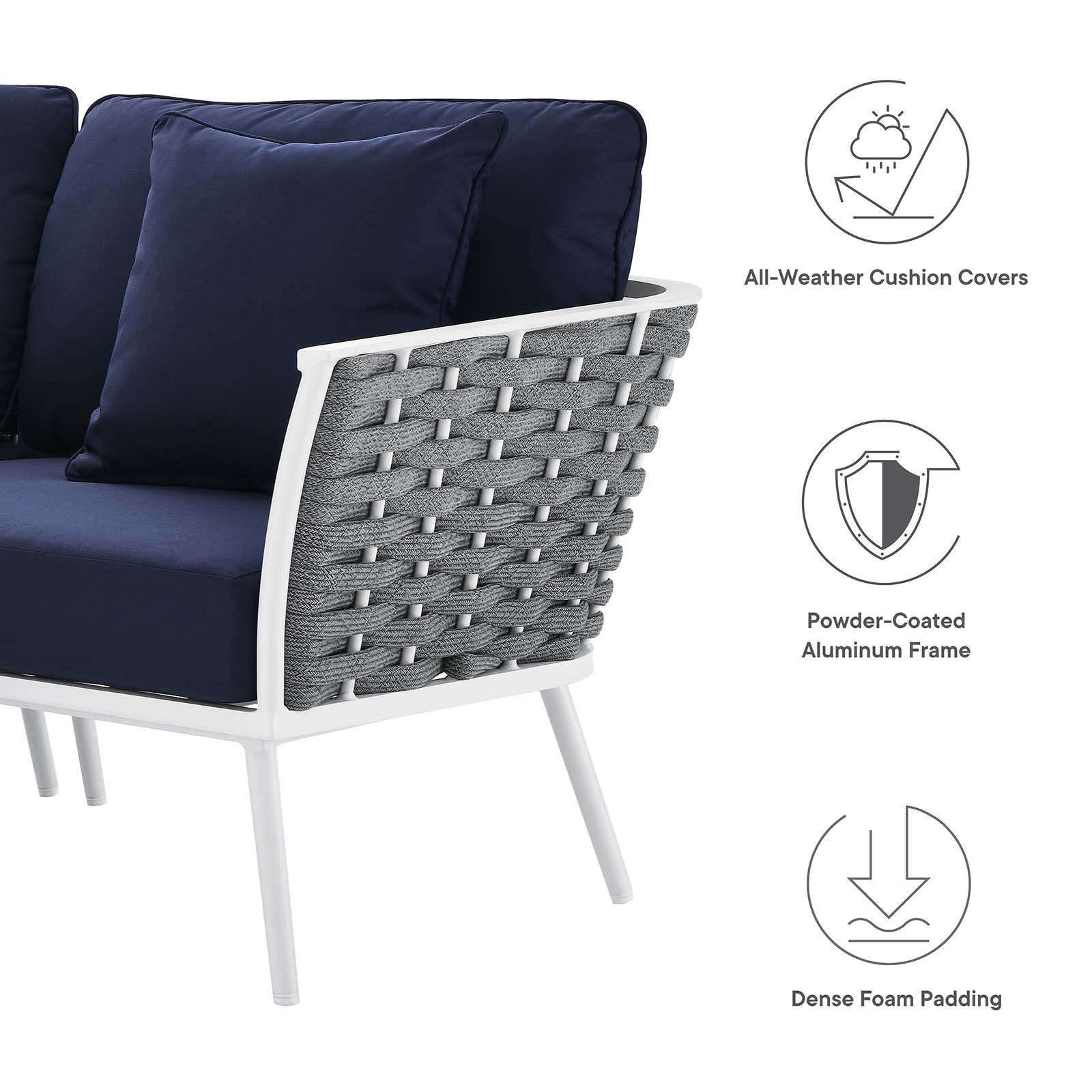 Lounge Sectional Sofa Chair Table Set, Navy White, Aluminum, Metal, Fabric, Modern Contemporary, Outdoor Patio Balcony Cafe Bistro Garden Furniture Hotel Hospitality - image 3 of 10