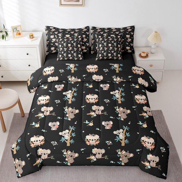 Erosebridal Cartoon Koala Bedding Queen Size,Kawaii Wildlife Comforter Sets with Sheets,Breathable Reversible Bedding Sets Queen Size,Animal Decoration,7 Pieces