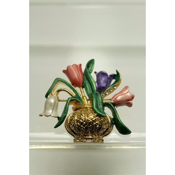 Just Love Jewels Vintage Enamel Tulips in Gold Antique Vase Brooch Pin