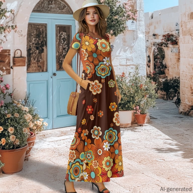 Uourmeti Elastic Short Sleeve Maxi Dress, Retro 70s Floral Print Round Neck Flowy Women's Maxi Dress for Daily Banquet Picnic, Size: 3XL
