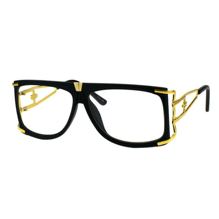 Mens Flat Top Nerdy Hip Hop Rapper Luxury Art Deco Clear Lens Eye Glasses Matte Black Gold