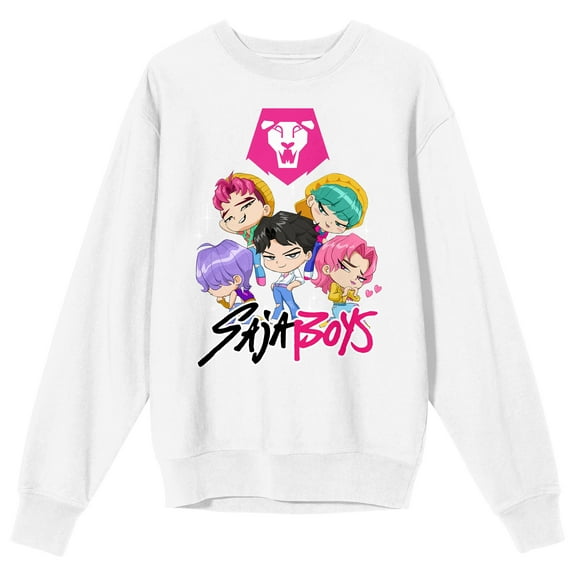 KPop Demon Hunters Chibi Saja Boys Adult White Crew Neck Long Sleeve Sweatshirt-Medium