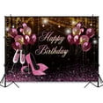 thumbnail image 3 of Fondo de fotografía de cumpleaños con globos dorados, negros, rosados y dorados para sesión de fotos de niñas y mujeres. Banner de fiesta de feliz cumpleaños con tacones altos, decoraciones de globos, 3 of 3