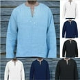 thumbnail image 2 of Qingpeng Men's Linen Shirt Solid Long Sleeve Beach V-Neck Drawstring Printing Summer Top Casual Loose Shirt, 2 of 3