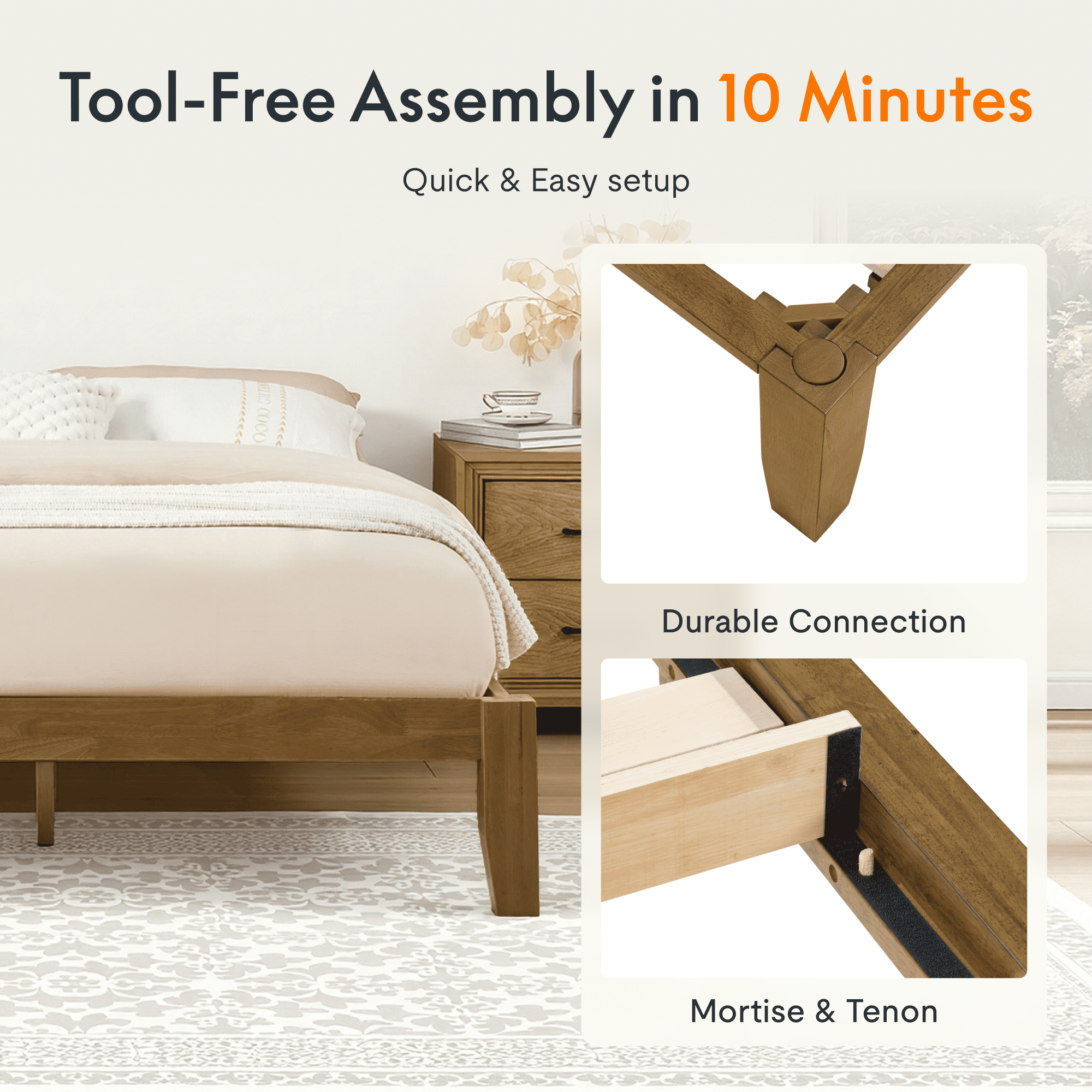 FLEXISPOT King Japanese Joinery Bed Frame, Solid Rubberwood, 1200 lbs Heavy Duty Slats Support, FSC & SGS Certified, 15Min No-Tool Setup, Under-Bed Storage, No Box Spring Needed, Noise-Free, Walnut
