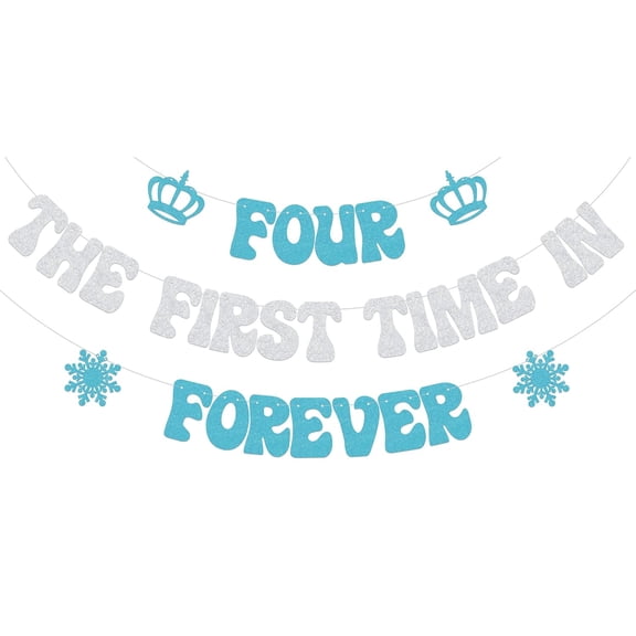 Four the First Time in Forever Banner Snowflake 4th Birthday Decoration Winter Princess Birthday Party Decoration Silver Light Blue Glitter