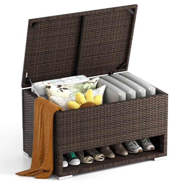 Costway 48 Gallon Deck Box with Shoe Rack Waterproof Liner Lid Outdoor Storage Box