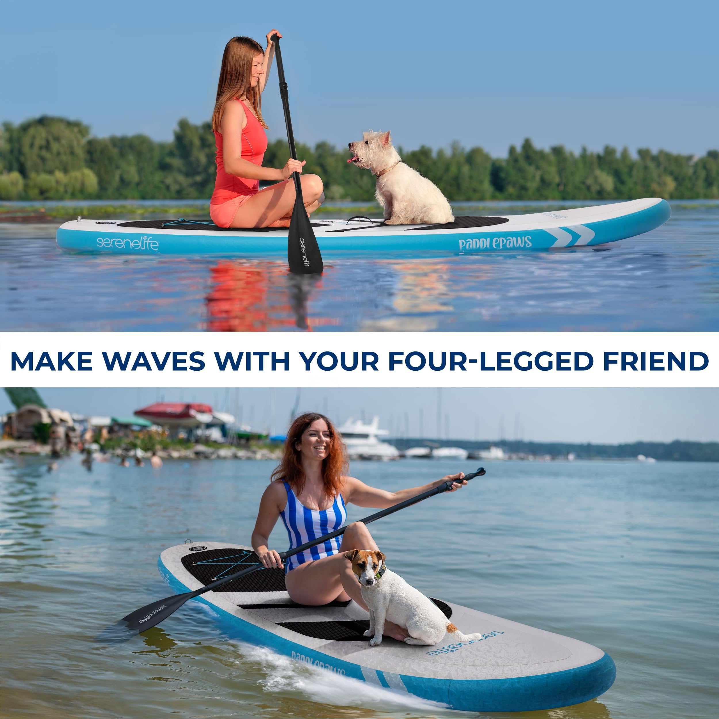 SereneLife 11 Inflatable SUP - Pet-Friendly Stand-Up Paddle Board for Adults and Pet Ride Alongs - 33 Wide Stable Design with Non-Slip EVA Deck Pad, Premium SUP Accessories, 440 lbs. Capacity