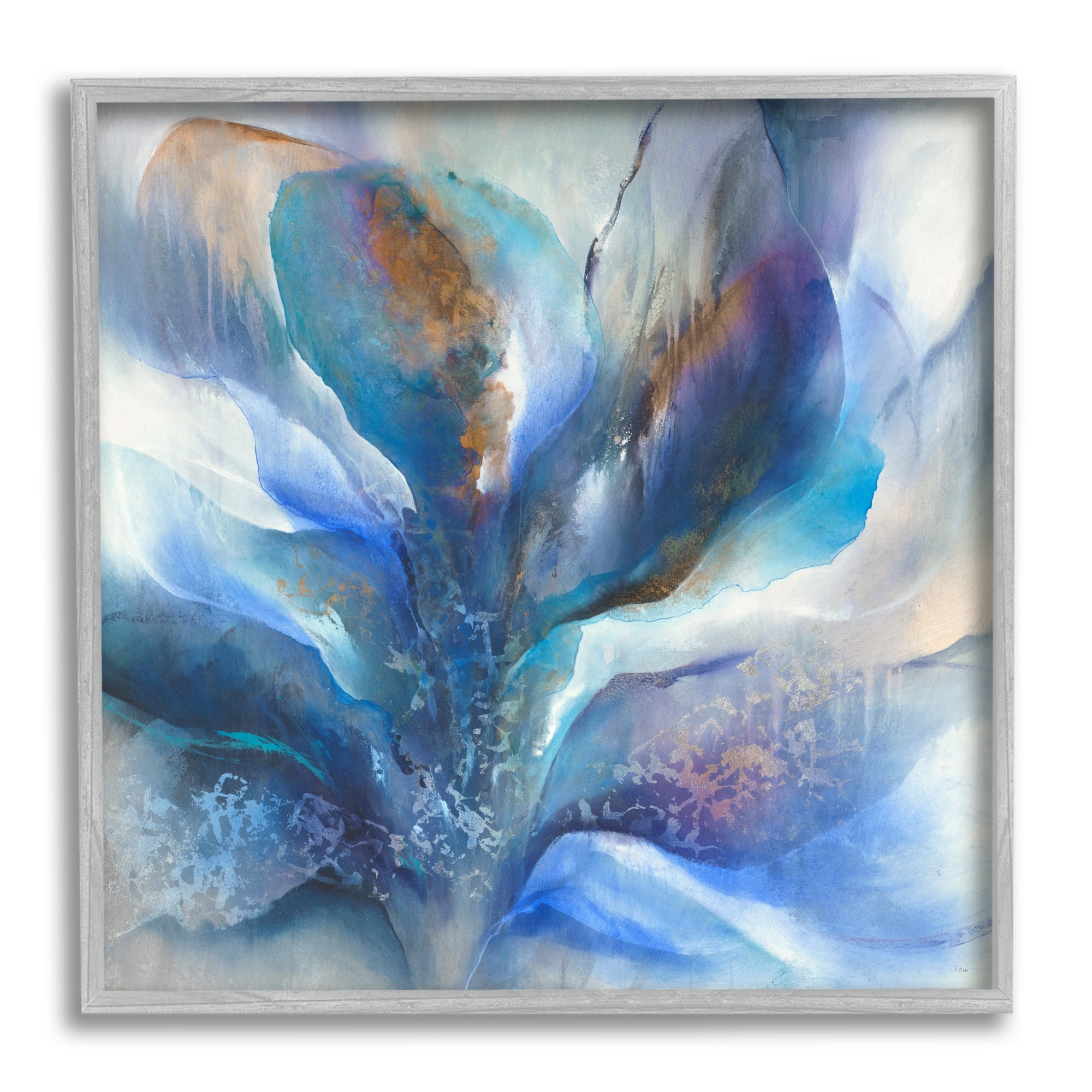 Stupell Industries Abstract Blue Petals Fluid Modern Botanical Design Graphic Art Gray Framed Art Print Wall Art, Design by K. Nari