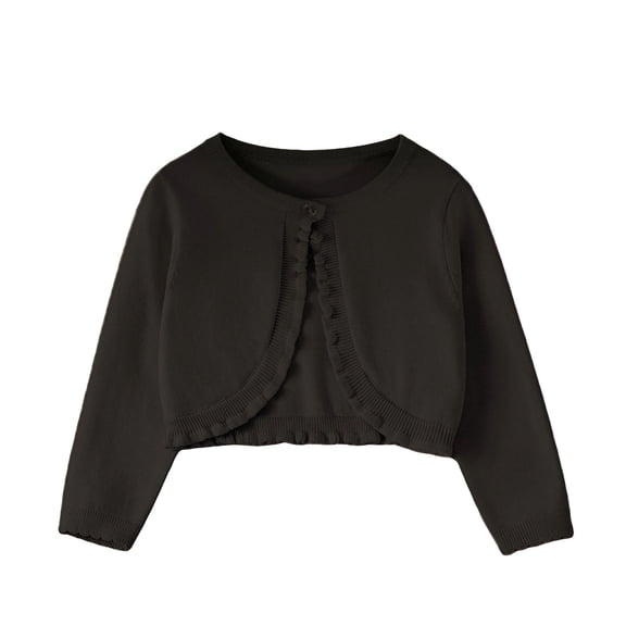 FAVIPT Girl Cardigan Sweaters Lace Trim Ruffled Long Sleeve Crewneck Bolero Shrug Casual Cute Knitted Button Cropped Jacket Black,6 Years