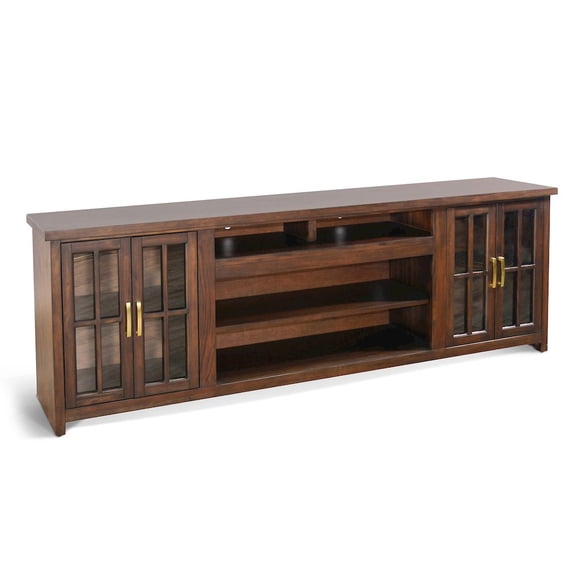 Sunny Designs 98-Inch Wide TV Stand with Glass Cabinet Doors and Open Shelving