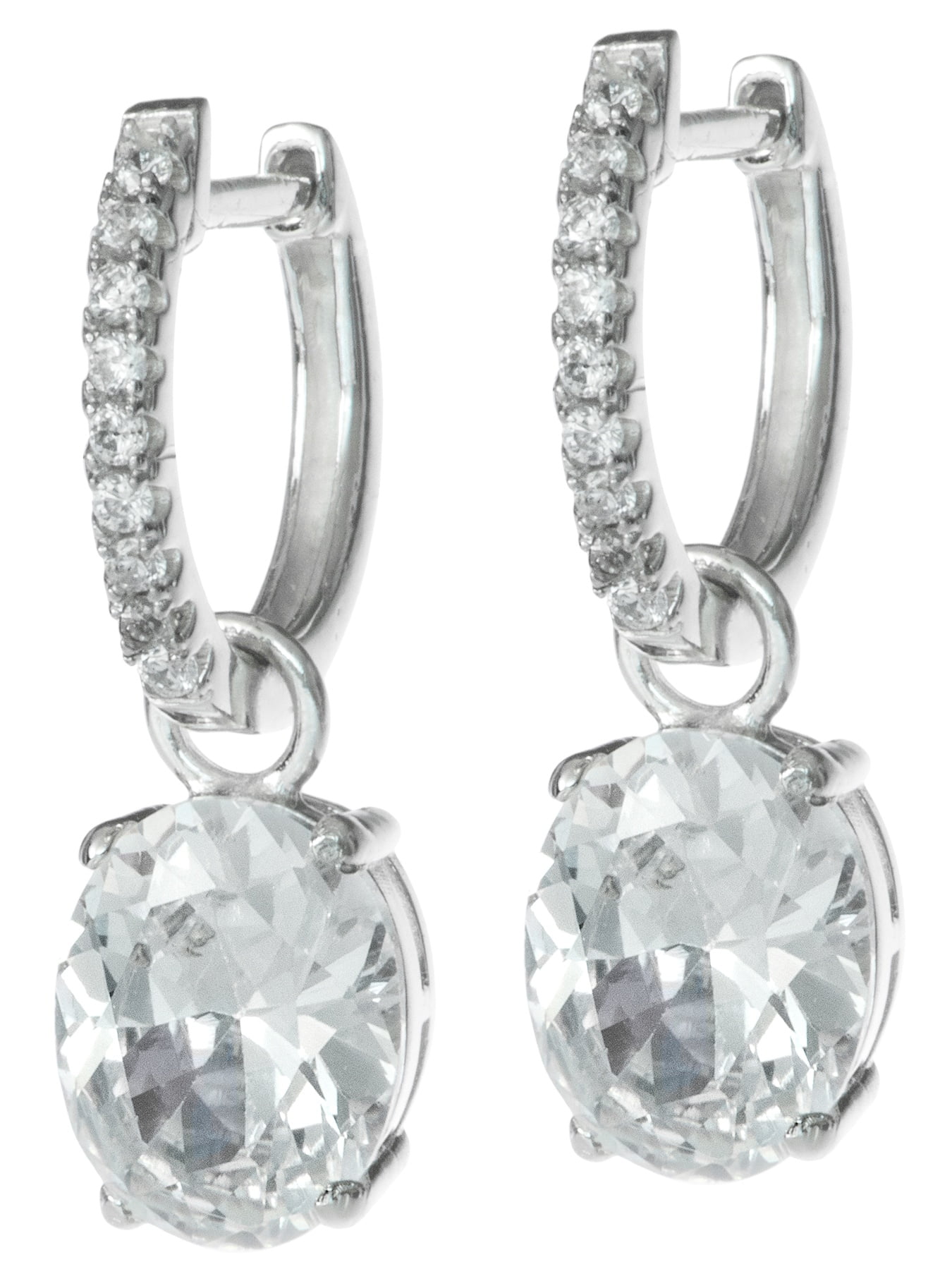 Rhodium-plated Sterling Silver Oval Clear Cubic Zirconia Charm Hoop Huggie Dangle Earrings