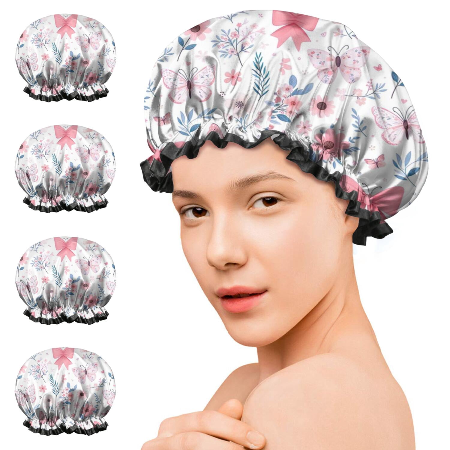 Shower Caps,Pink Butterfly Star Floral Peach Pattern Waterproof Shower Cap for Women 4 Pieces,Double Reusable Hair Cover for Shower PEVA Elastic Stretch Hem