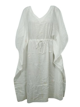 Mogul Angel White Cotton Caftan Kimono Sleeves Comfy Resort Wear L