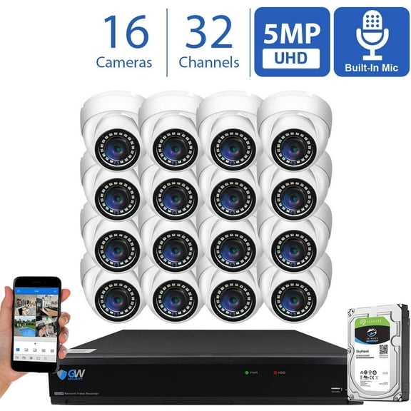 GW Security 32 Channel 4K NVR 5MP H.265 Video & Audio Security Camera System - 16 x HD 5MP 2.8mm Wide Angle Microphone PoE IP Dome Camera   8TB HDD - Free Remote Access, Smart Motion Detection