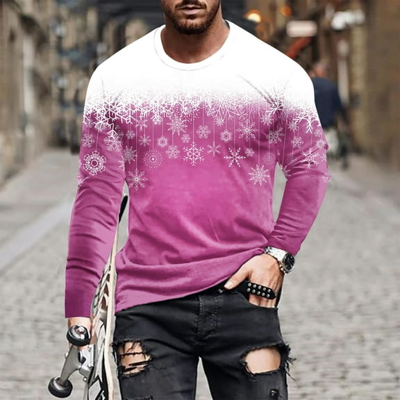 Fnnxeal Mens T-Shirts, Long Sleeve Print Fall Winter Christmas Shirt for Men Pink