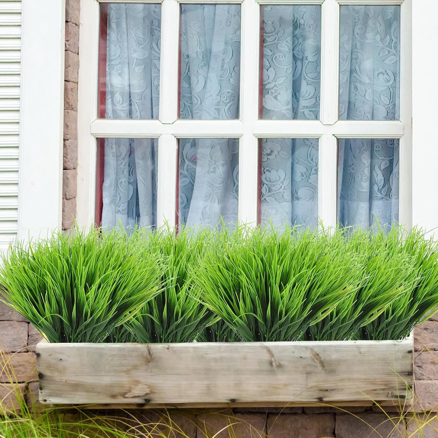 24 Bundles Artificial Greenery for Outdoors,Fake Wheat Grass Faux Shrubs Plants UV Resistant for Patio Garden Porch Window Box Spring Home Decor, Green