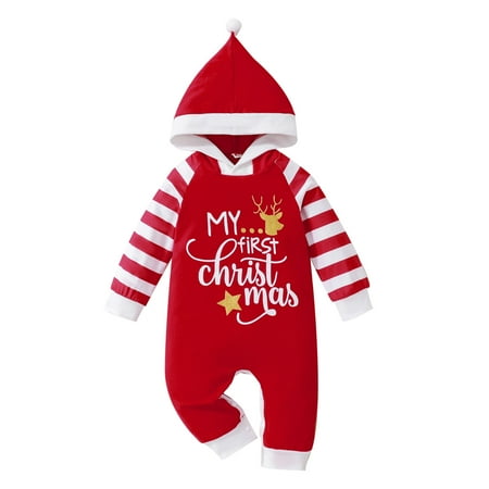 

CNGELG Boys Girls Christmas Long Sleeve Romper Cartoon Deer Prints Striped Hooded Jumpsuit